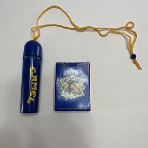 Vtg Camel Cigarette Waterproof Lighter Plastic Case Blue Refillable & Pac Cards.
